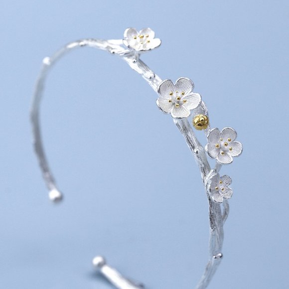 NEW 925 Sterling Silver Flower Cuff Bangle - Picture 3 of 5